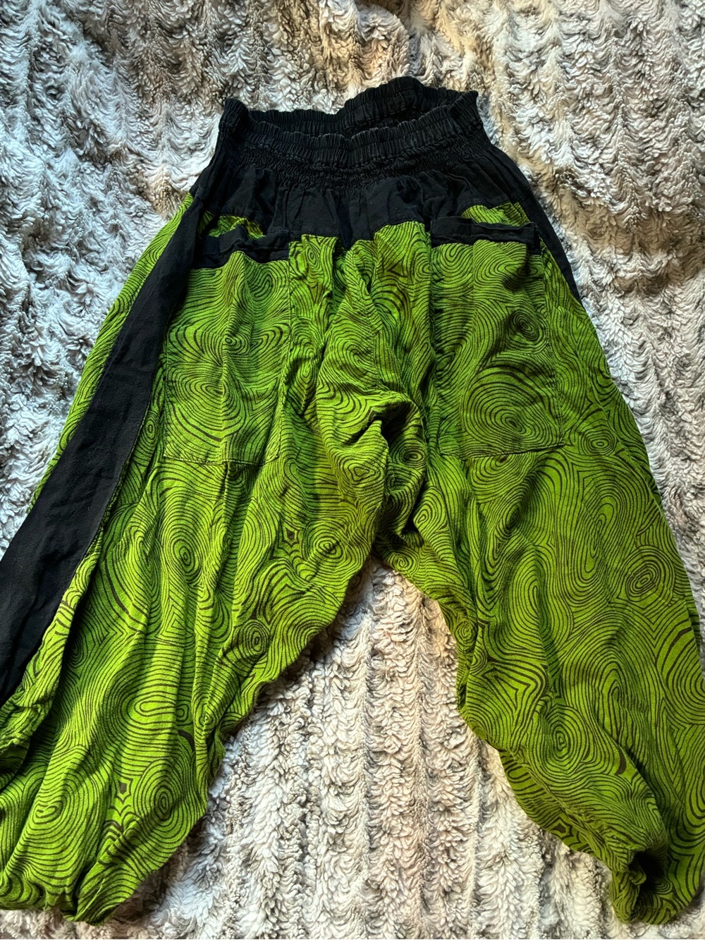Women’s Green Swirl Harem Pants with Black Waistband